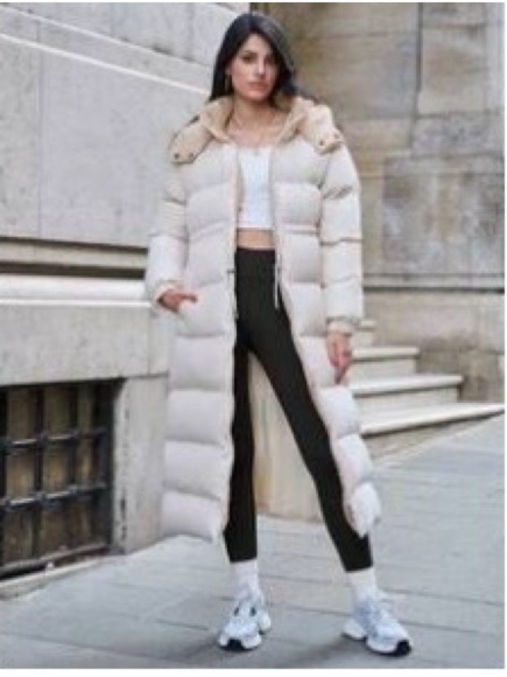 Long Hooded Puffer Coat in Cream